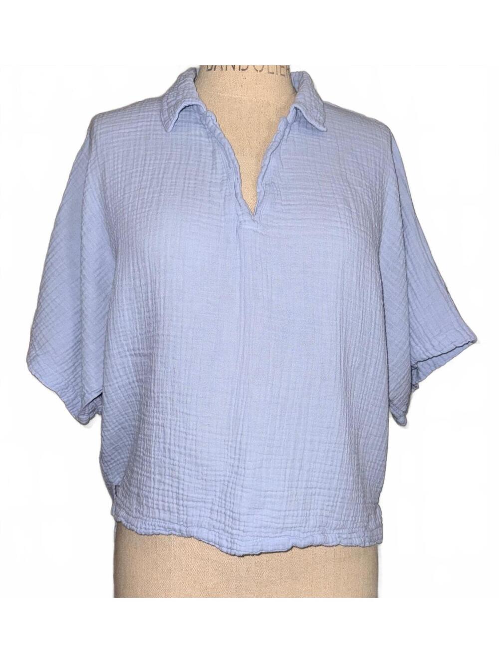 STARK X Blue Cotton Gauze Oversized Polo Top Size M Made in USA